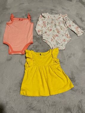 Carter's Yellow Ruffle Dress/ Coral Stripe and Floral Bodysuit